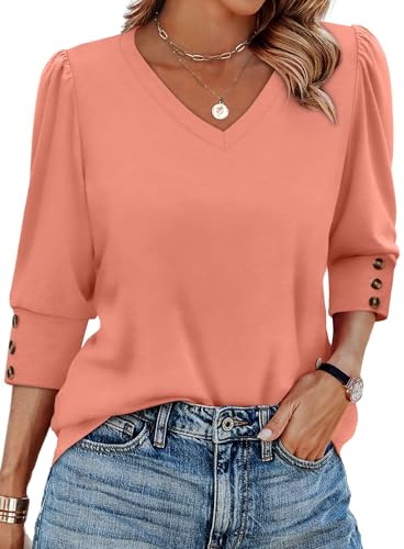 XIEERDUO Womens Tops 3/4 Length Sleeve V Neck Blouse Dressy Casual Everyday