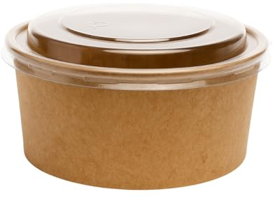 Commerline 300 Stück Salatschalen 1300ml mit Deckel - Bio Kraftkarton Einwegschüsseln - Gastro Salatbox für Restaurant, Takeaway & Catering - Braun