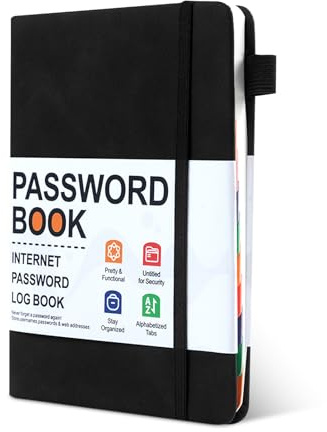 SEESUNO Password Book Alphabetical with Tabs, 120 Pages Small Password Book for Seniors Managing Website Address & Logins (16 x 12cm, Black)