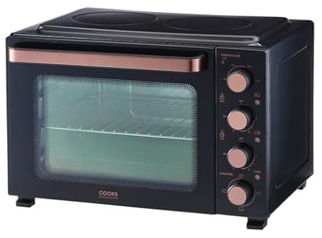 Cooks Professional Mini Portable Oven with Ceramic Hobs | Energy Efficient Electric Countertop Cooker with Two Hot Plates & Wire Rack Baking Tray | Kitchen Grill Ovens | 34L Capacity | Black & Copper