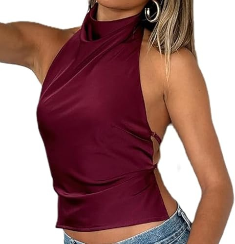BABWWNIX Women Halter Backless Tank Top Silk Satin Going Out Mock Neck Crop Camisole Shirt Sexy Summer Open Back Y2k Vest Top (Claret, S)