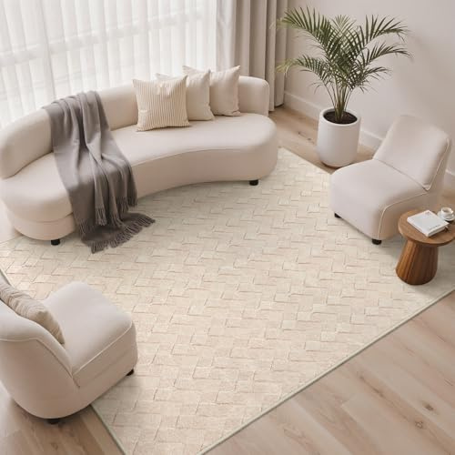 BEIMO Tapis Salon 160 x 230 cm - Tapis Moderne à Poils Courts et Effet 3D, Doux, Lavable, Antidérapant, Facile à Entretenir et résistant, Design à Carreaux Crème pour Salon et Chambre