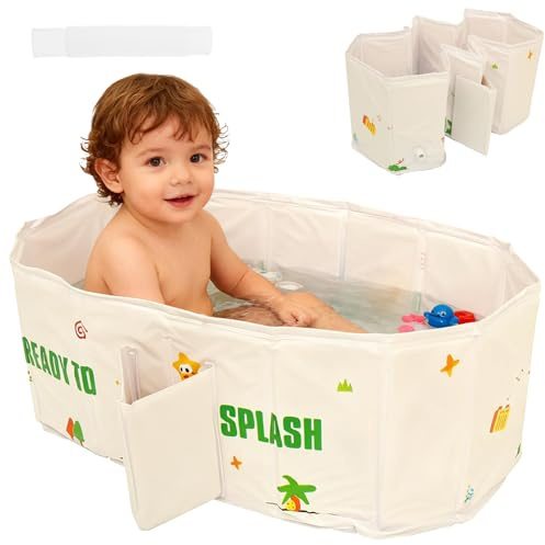 Bañera plegable para niños, bañera portátil multifuncional, bañera para niños de 0 a 8 años, diseño integrado con orificio de drenaje (dinosaurio)