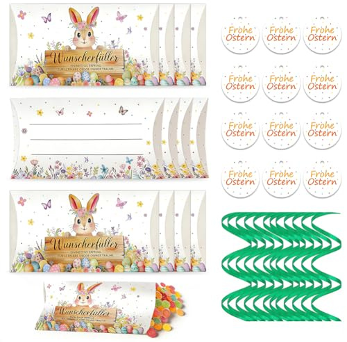 Feliz Pascua Cajas Regalo 12 Piezas, Cajas Almohada Conejo de Pascua con Flores y Mariposas, para Dinero, Cheques Regalo y Caramelos, Tarjeta y Cinta Incluidos (Caja de papel)