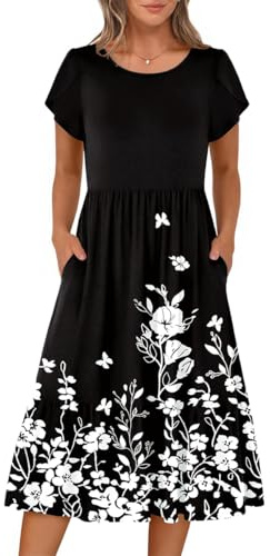 ROFUSSO Vestido de Verano Bohemio Floral de Manga Corta para Mujer Vestido de Playa Midi Informal con Cuello Redondo y Bolsillos(Negro,XXL)