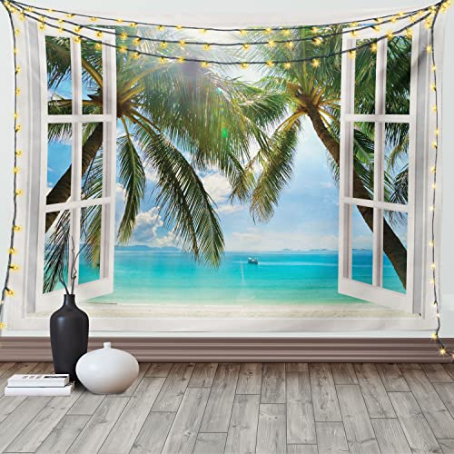 ABAKUHAUS Tropisch Wandteppich und Tagesdecke, Fenster zum exotischen Strand aus Weiches Mikrofaser Stoff Waschbar ohne Verblassen Digitaldruck, 230 x 140 cm,Braun Aqua