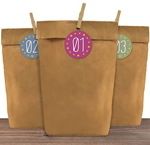 Adventino Calendrier de l'Avent 24 sachets en Papier Kraft avec 24 Autocollants de Noël pour Fermer Les Sacs Cadeaux de Noël pour Le Bricolage et Le Remplissage