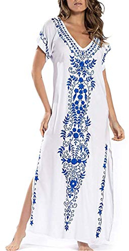 LikeJump Women's Bohemian V Neck Kimono Maxi Swimsuits Kaftan Bikini Cover Ups Summer Beach Dress Tops