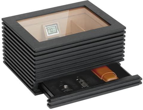 Case Elegance Kobi Humidor Moderno Con Tapa De Cristal, Diseño De Listones De Madera Gris, Higrómetro Digital, Cedro Español, Solución Humidor, Sistema Humidificación Y Cajón De Accesorios 50-80 Puros