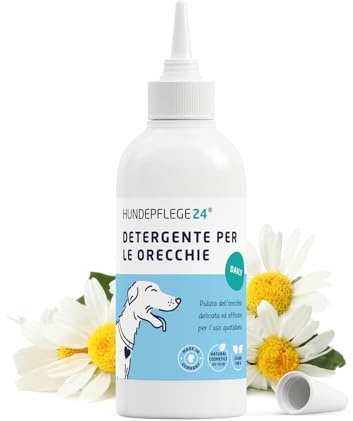 Hundepflege24 detergente Auricolare Cane - Diminuisce prurito, scuotimenti della Testa e Cattivi odori in pochi Giorni - Pulizia Orecchie Cane/Gocce Orecchie Cani e Gatti 250ml