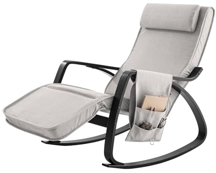 SoBuy Mecedora con Cojín, Silla Mecedora con Reposapiés Ajustable y Reposacabezas - Relajante Sillon con Bolsillo Lateral, Gris FST20-HG