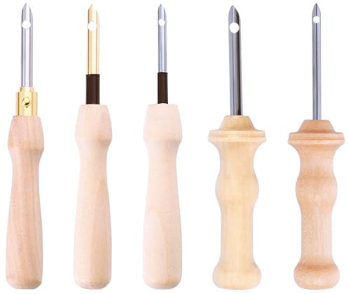 VICASKY 5pcs Punch Needle, Wooden Embroidery Pen Needle Set Large with Threader for DIY Craft Stitching 5pcs Handle Rug Hooking Tool Complete Set Pens Embellishment