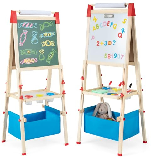 COSTWAY 3 in 1 Staffelei Kinder, doppelseitige Kindertafel höhenverstellbar mit Whiteboard & Kreidetafel, Standtafel inkl. Papierrolle, Zahlen, Kreiden & Farbstift, für Kinder ab 3 Jahren (Blau)