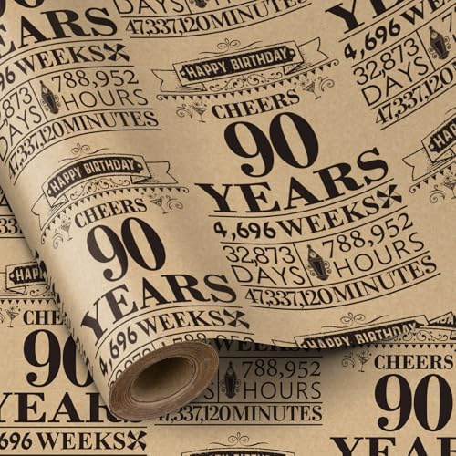 RUSPEPA Födelsedag omslagspapper rulle, minirulle, svart 90 års design kraft presentpapper perfekt för födelsedag, fest, 43,2 cm x 5 m, 90:e födelsedagspresenter för män
