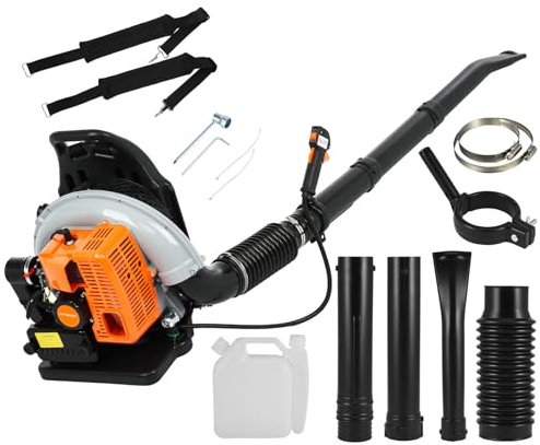 Benzin Laubbläser Rückentragbar, 63CC 2-Takt Rückenlaubbläser, Laubsauger mit Anti-Vibrations System, Manueller Start 2,3kW, Tragbar Laub Bläser für Terrassen Gärten (Orange)
