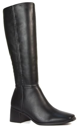 ESSEX GLAM Women's Square Toe Knee High Boots Low Heel Ladies Black Synthetic Leather Zip Calf Long Booties Size 6