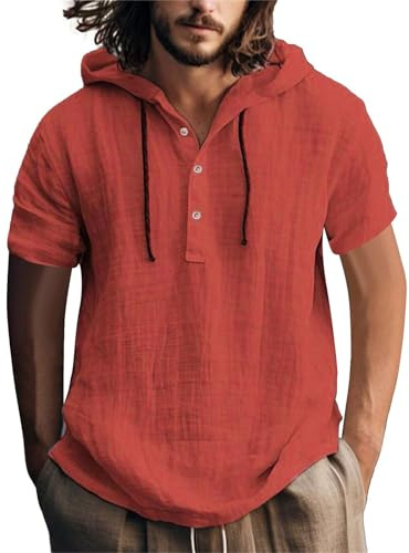 Huvtröjor för män UK: Bomull linne skjorta med huva enkel pullover toppar ledig dragsko enfärgad huvtröja t-shirts män sommar långärmad knapp upp tröjor arbetsskjortor med huva, Z028red, XL