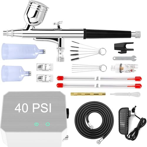 Powate 40 PSI Airbrush Set, Dual Action Multi Funktion Airbrush Set mit tragbarem Kompressor für Kuchendekoration, Makeup, Kunsthandwerk, Nageldesign, Tattoo-Modellierung, Malerei