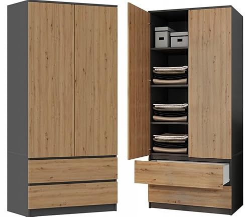 BDW Armadio SS-90, 180 x 90 x 50 cm, moderno armadio | ideale per una camera da letto, corridoio, cameretta dei bambini o ufficio, appendiabiti | (antracite/rovere Artisan)