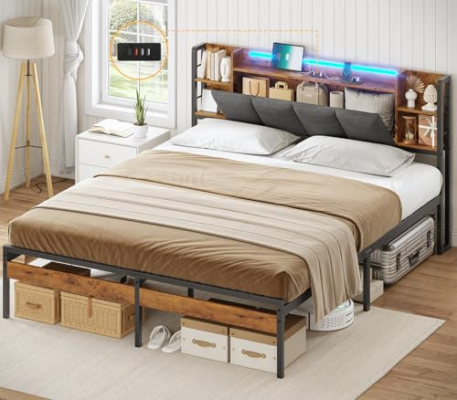 AOGLLATI Bettgestell 160x200 mit LED-Beleuchtung und USB-Ladefunktion, Metallbett Bettrahmen mit Stauraum-Kopfteil Bett mit Gepolstertem Kopfteil Jugendbett Doppelbett mit Lattenrost(160 x 200 cm)