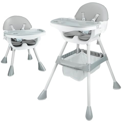 Baby High Chair, Highchair with Adjustable Legs Portable 4-in-1 Convertible Highchairs with Removable Double-Layer Dinner Plate, Padded Seat, High Chairs for Babies and Toddlers 6 Months to 3 Years