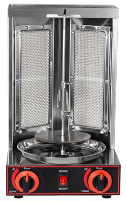 Hakka LPG Gas 360° Rotating Meat Rotisserie, Shawarma Doner Kebab Gyro Machine Vertical Stainless Steel Broiler Barbecue Roaster with Heating Plate