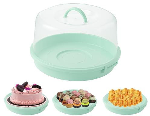 BH | Cake Carrier Box with Handle | Portable Round Cake Container | Green | 1Pc | With Plastic Cover | Secure Locking Lid | Storage for Cakes, Pies & Pastries - (Pack of 1) - By BEST HOUSE