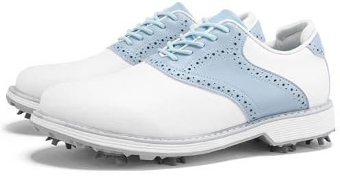 ZHENSI Scarpe da Golf Spikes da Donna Impermeabili da Lavoro da Golf in Pelle con Lacci Antiscivolo,Blu,39 EU