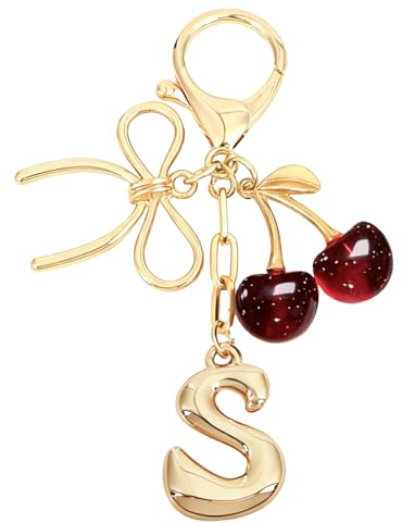 Snycler Bubble Initial Keychain with Bow & Cherry - Gold Letter Bag Charms for Women, Cute Purse Handbag Accessories