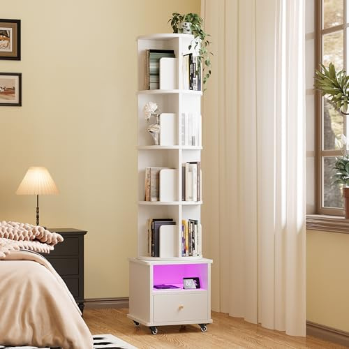 Ztexkee Bibliothèque Rotative à 4 Niveaux, Étagère Tournante Rotative à 360° avec Déflecteur Bibliothèque à 4 roulettes avec 1 tiroir et 1 Compartiment pour Coucher, Salon, Bureau, 40x40x168.5 cm