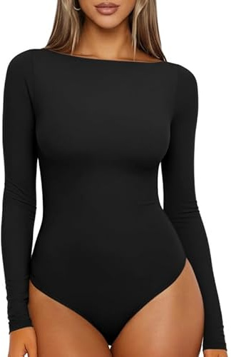 Sukiglam Body Mujer Manga Larga Cuello Barco Bodysuit Tops Básico Ajustado Elegante Leotardo Camiseta Casual Jumpsuit Tops Otoño Invierno Suave Sin Costuras Combinar Interior