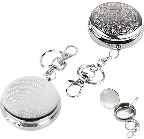 VEOIRXU 2 Pezzi Posacenere Tascabile Portatile Mini Posacenere in Acciaio Inox con Portachiavi Anti-Odore Chiuso per Uso Interno o Esterno per Viaggi Campeggio Spiaggia Pesca (Argento)