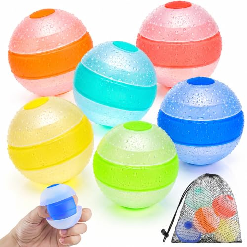 Lot de 6 bombes à eau réutilisables, à fermeture automatique, rechargeables | Silicone sans latex, jouet de piscine, jeux d'eau de jardin, fête d'été, filet de rangement inclus