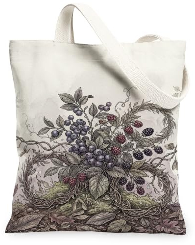 Berries Canvas Tote Bag, Botanical Vintage Leaves Vines Spring Green Small Tote Bags 13x15 Inch, Green, 13x15 Inch