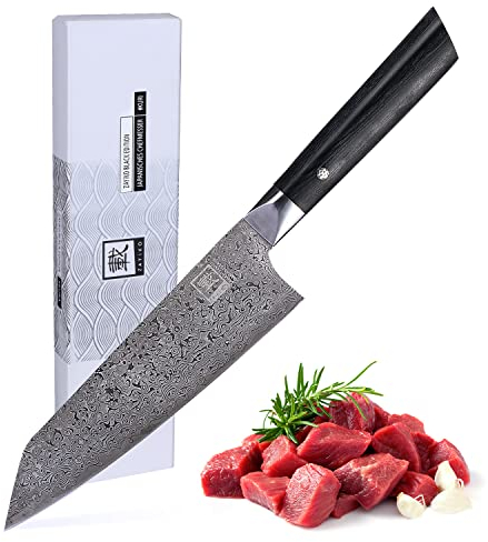zayiko Black Edition Damastmesser Kiritsuke I 20 cm Klinge aus 67 Lagen VG10 Damaststahl I Ergonomischer Pakkaholzgriff I Premium japanisches Chefmesser für Fleisch, Fisch & Gemüse I Geschenkbox
