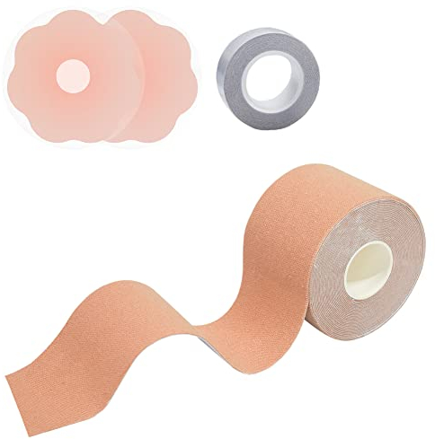VIEKIER Boob Tape Breathable Breast Lift Tape and 1 Pair Adhesive Bra Silicone Breast Adhesive Bra and 1 Roll Boob Body Tape Beige
