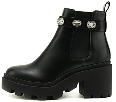 Soda PROFILE Women Lug Sole Mid Heel Chelsea Fashion Ankle Bootie w/Gleaming Studs (Black, numeric_9)