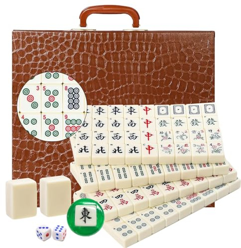 LANYOTA Ensemble de Mahjong 3,6 x 2,7 cm, Jeu de Mahjong Chinois avec étui de Transport, 3,8 cm, Grand 144 + 2 Carreaux avec Chiffres Arabes, 2 dés et 1 indicateur de Vent