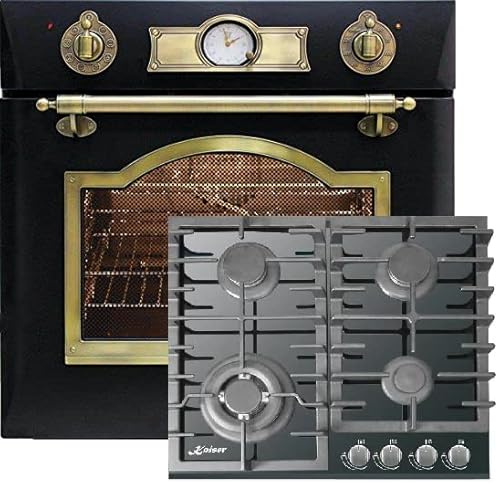 Kaiser Küchengeräte Backofen-Set EH 6355 Em + KCG 6383 Turbo, Autark, Retro Einbau Backofen, 8 Funktionen + Einbau Gas- Kochfeld 60cm, Schwarz Glas, Erdgas/Propangas, 3,8kW WOK