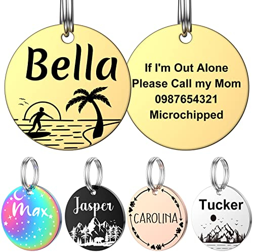 YEHANTI Hundemarke mit Gravur, Dog Tag Personalisiert mit Name, Telefonnummer und Verschiedene Muster Graviert für Hunde Katzen, Rund Edelstahl Adressanhänger Marke für Hundehalsband (Groß, Gold)