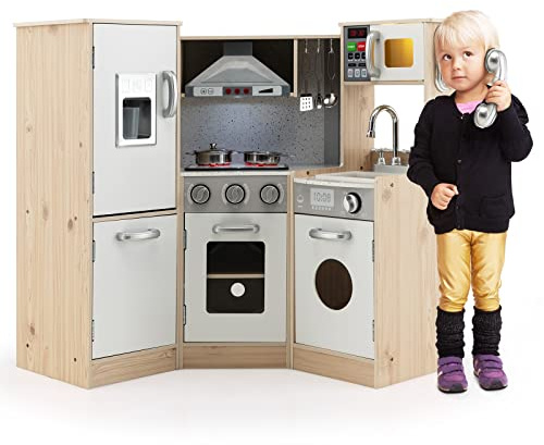 COSTWAY 9 en 1 Cuisine Enfants en Bois avec Effets Sonores & Lumières Réels, Jeu de Cuisine Bois Enfant avec Machine à Glaçons & Micro-Ondes, Jeu d'Imitation pour Garçon Fille de 3 Ans+