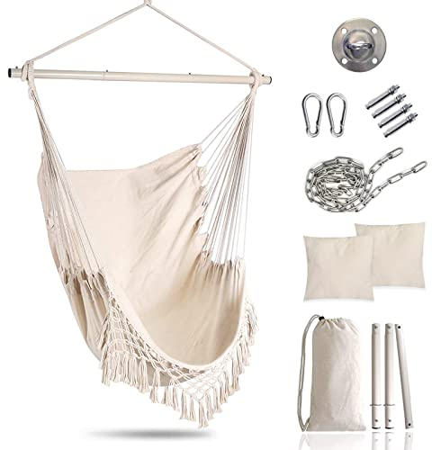 Mingfuxin Sièges Suspendus, Chaises Pivotantes Suspendus, Chaises Hamac avec 2 Coussins de siège Poche latérale Amovible pour Barre de Support en métal Siège de balançoire pour intérieur extérieur