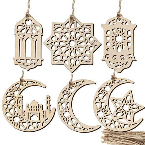 24pz Ciondoli Ramadan in Legno Eid Mubarak Ramadan Lampada Ornamento Pendente di Luna Decorazione Musulmano Regalo da Appendere per Casa