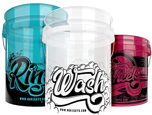 Nuke Guys Juego de 3 Cubos Transparentes para Lavado de Coche, Moto y Bicicleta - Accesorios de Limpieza para Lavar a Mano