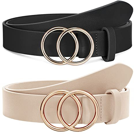 SUOSDEY 2 Pack Ledergürtel weiches Leder Damen Gürtel mit runder Schnalle zwei Ringen, Jeansgürtel für Frauen,Schwarz Beige