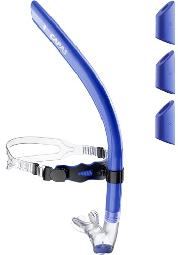 CAPAS Training Swim Snorkel for Lap Swimming, Ultimate Fit Center-Mount Swimmers Snorkel with Liquid Silicone Mouthpiece Adjustable Strap Swivel Headband, Designed for Adult Men Women (Blue Black)