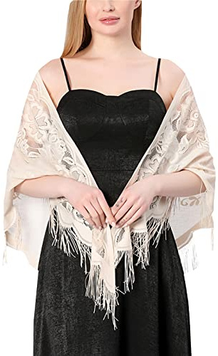 JK Home Floral Lace Triangle Shawls Wraps with Tassels, Hollow Out Soft Mesh Fringe Scarf 184cm for Wedding Evening Party, Women Scarves Bikini Cover Up Beige