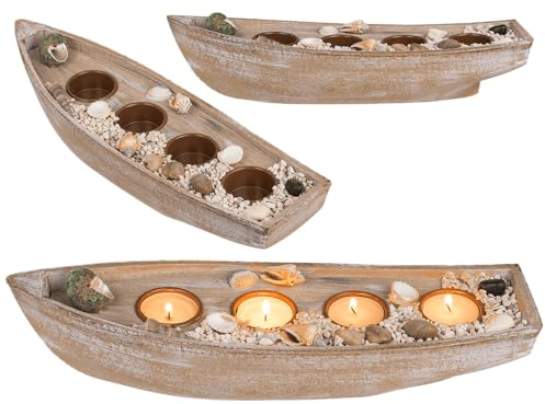 Holz-Boot für 4 Teelichte, Muscheldeko & Steine, ca. 36,3 x 11 x 9 cm, Beige