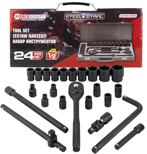 Werkzeugsatz 1/2'', Steckschlüsselsatz 24-tlg, Werkzeugset für den professionellen Einsatz, Werkzeugkit mit hochwertigen Tools