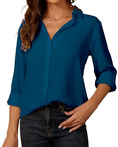 Blusa Blanca para Mujer Elegante y Chic de Manga Larga - Blusa de Chiffon con Botones - Cuello en V Casual - para Oficina Trabajo para Mujer, turquesa, XS